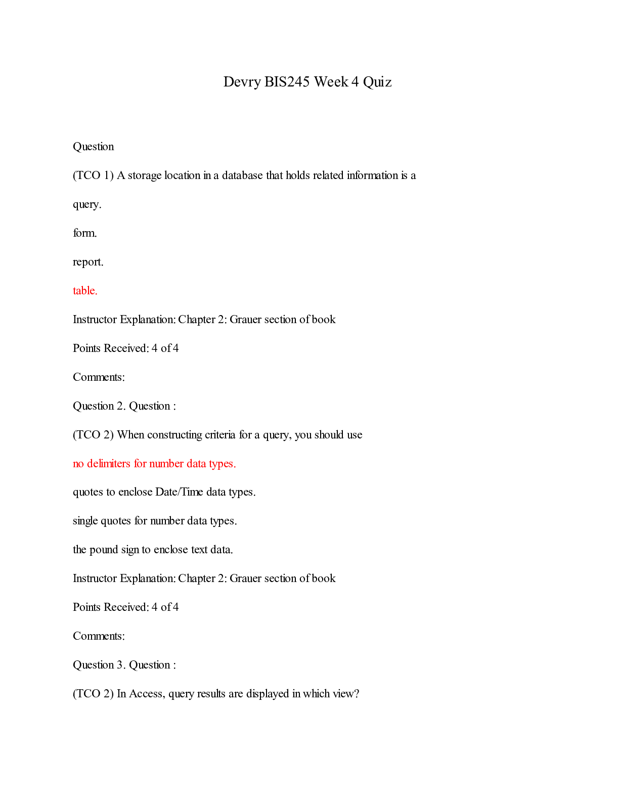 Preview of Devry BIS245 Week 4 Quiz/Devry BIS245 Week 4 Quiz